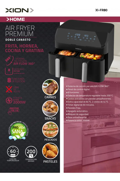 Freidora De Aire Doble Cesto Xion 8 Lts Xi-fr80 - Negro