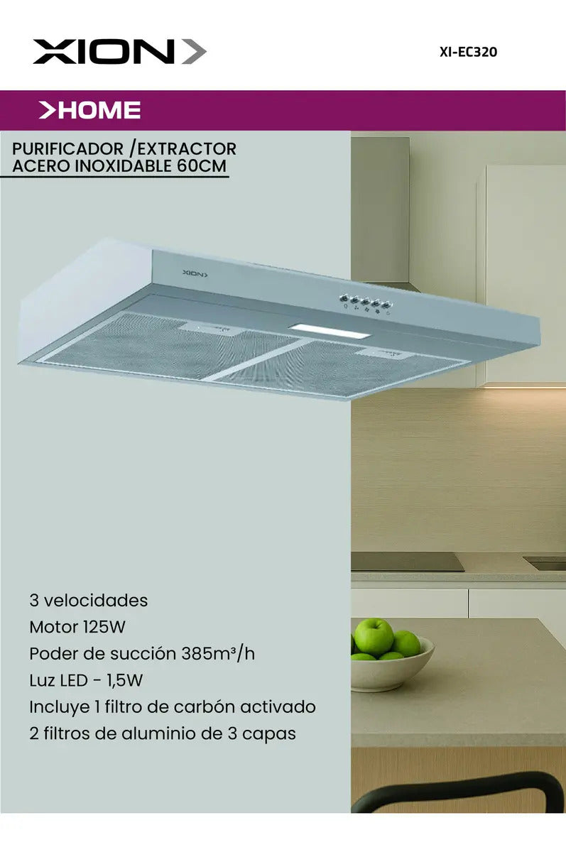Purificador Y Extractor Xion Acero Inox 60cm Xi-ec320 Gris