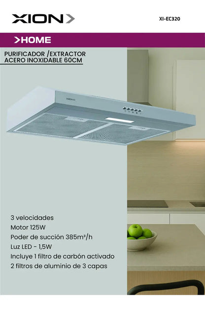 Purificador Y Extractor Xion Acero Inox 60cm Xi-ec320 Gris