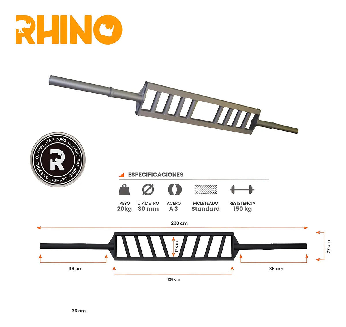 Barra Multi Agarre Olímpica 2,20m Rhino - Negro