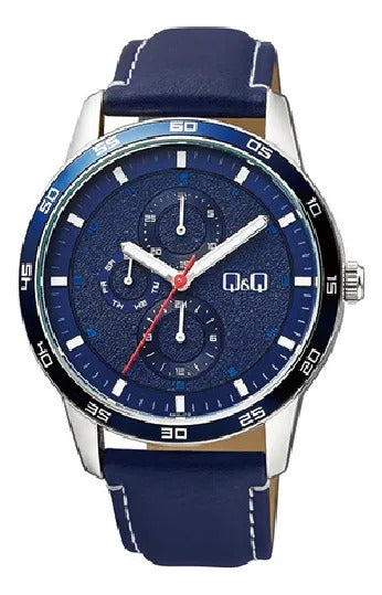 Reloj Q&q Cuero 44mm Aa38j312 - Azul