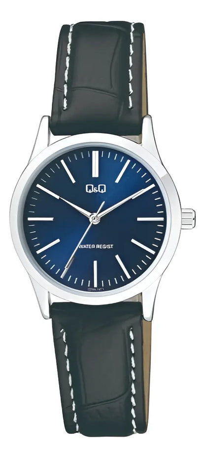 Reloj Q&q Cuero Dama 30mm C09a-014py - Negro Plateado Azul Oscuro
