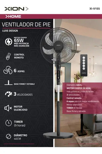 Ventilador De Pie Xion 40cm Luxe Design Xi-v155 - 40 Cm 50 Hz/60 Hz Negro Plateado Plástico 6