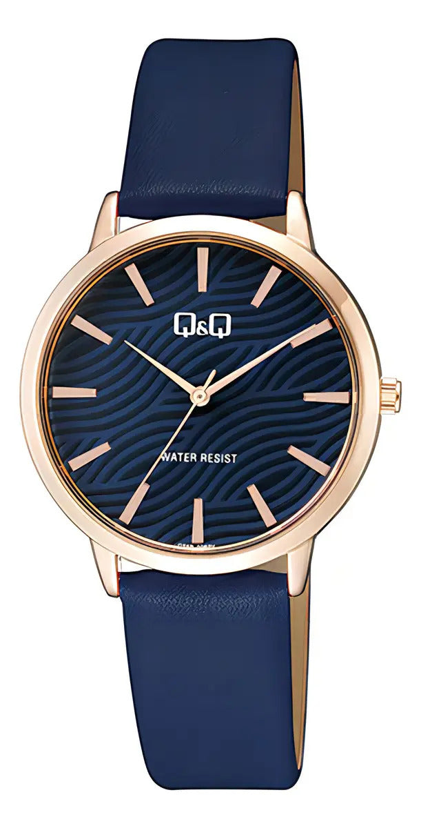 Reloj Q&q Cuero Dama 34mm Q26b-006py - Oro/rosa Dorado Azul Marino