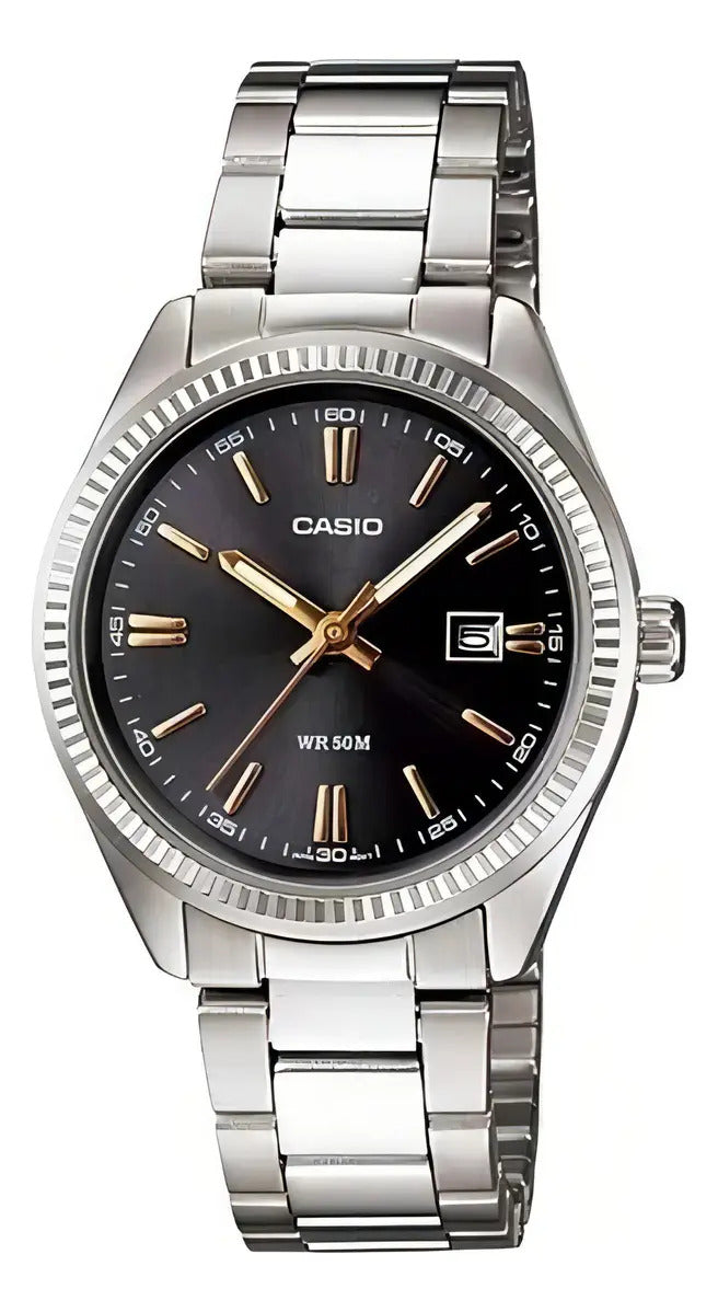 Reloj Casio Metal Dama Ltp-1302d-1a2 - Plateado Negro