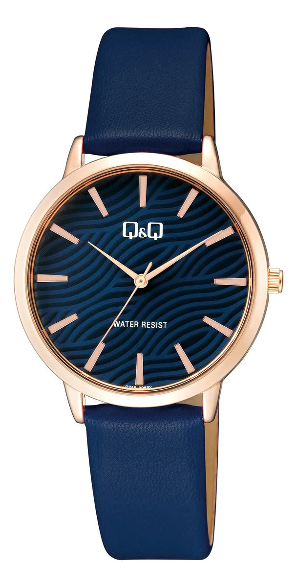 Reloj Q&q Cuero Dama 34mm Q26b-006py - Oro/rosa Dorado Azul Marino