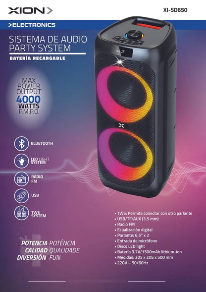 Parlante Portátil Xion Recargable 6,5 X 2 Xi-sd650 Negro