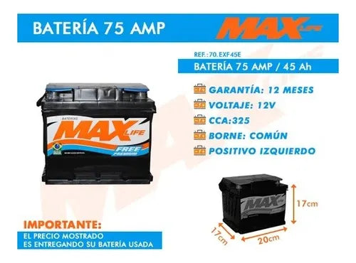 Batería Para Auto 75 Amper Positivo Izquierdo