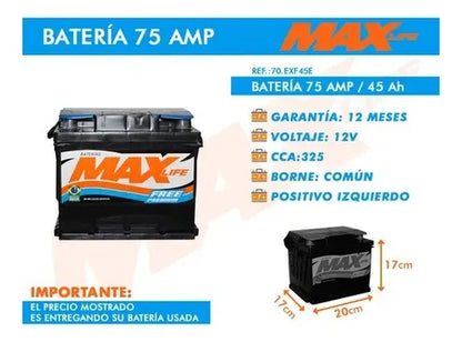 Batería Para Auto 75 Amper Positivo Izquierdo