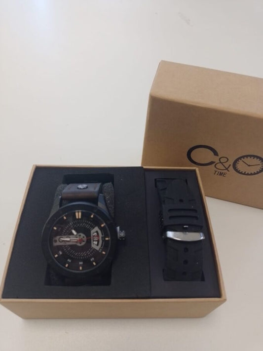 Reloj C&O Cuero Doble Malla Intercambiable Negro Estuche Elegance