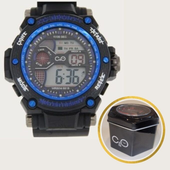 Reloj C&O Digital G-Sport Negro Con Azul + Estuche Lata