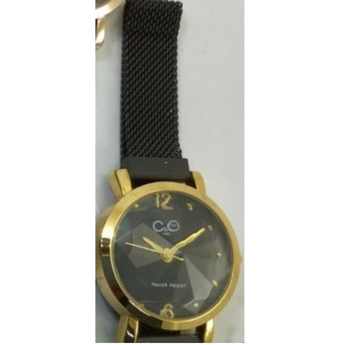 Reloj C&O Metal / Pulsera Malla Imán Negra / Negra Vidrio Facetado + Caja Obsequio